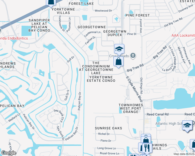 map of restaurants, bars, coffee shops, grocery stores, and more near 1601 Big Tree Road in Daytona Beach