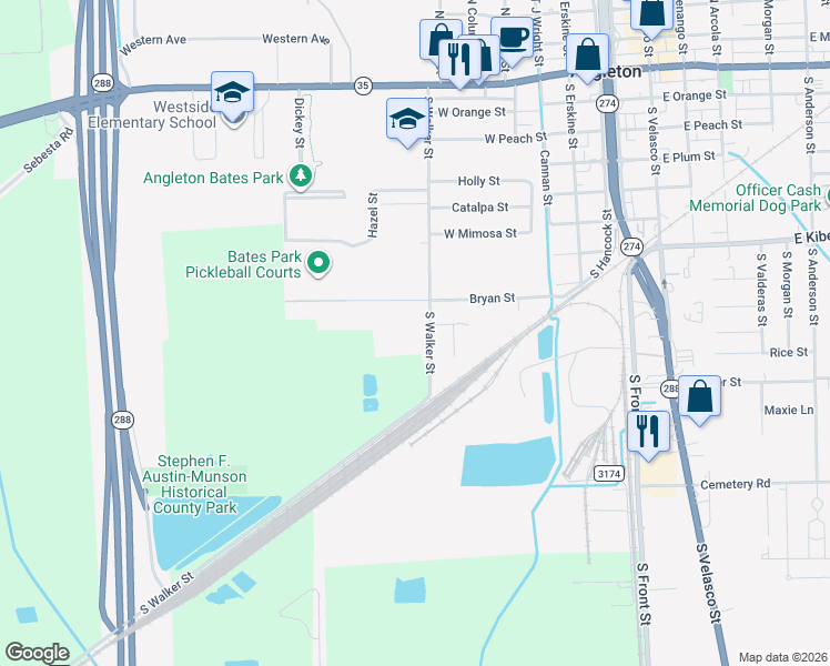 map of restaurants, bars, coffee shops, grocery stores, and more near 910 South Walker Street in Angleton