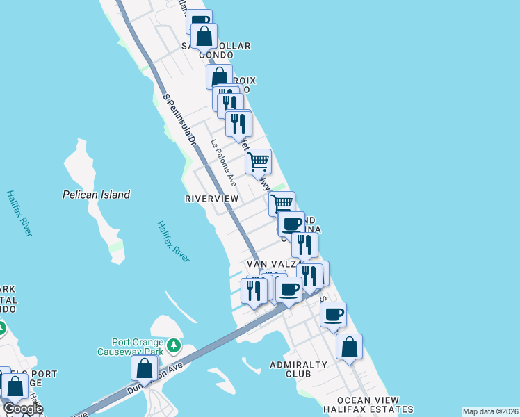 map of restaurants, bars, coffee shops, grocery stores, and more near 117 Dottie Avenue in Daytona Beach