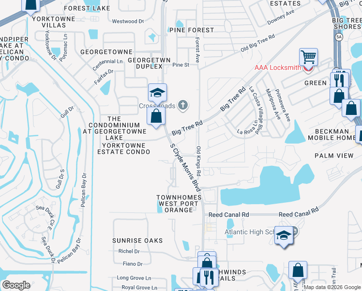 map of restaurants, bars, coffee shops, grocery stores, and more near 110 Dolphin Fleet Circle in Daytona Beach