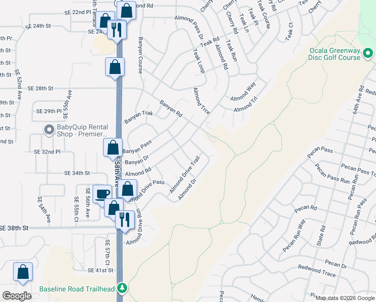 map of restaurants, bars, coffee shops, grocery stores, and more near 141 Almond Road in Ocala