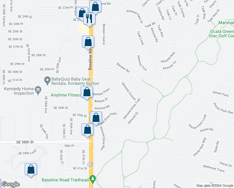 map of restaurants, bars, coffee shops, grocery stores, and more near 28 Banyan Drive in Ocala