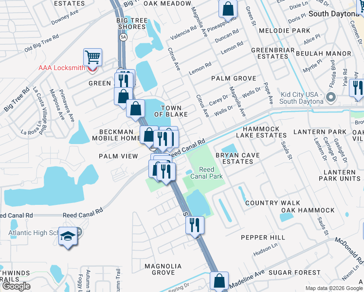 map of restaurants, bars, coffee shops, grocery stores, and more near 105 Apple in South Daytona