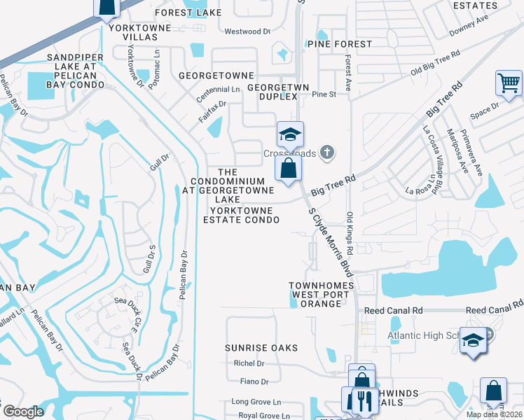 map of restaurants, bars, coffee shops, grocery stores, and more near 1601 Big Tree Road in South Daytona