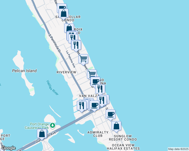 map of restaurants, bars, coffee shops, grocery stores, and more near 3311 South Atlantic Avenue in Daytona Beach