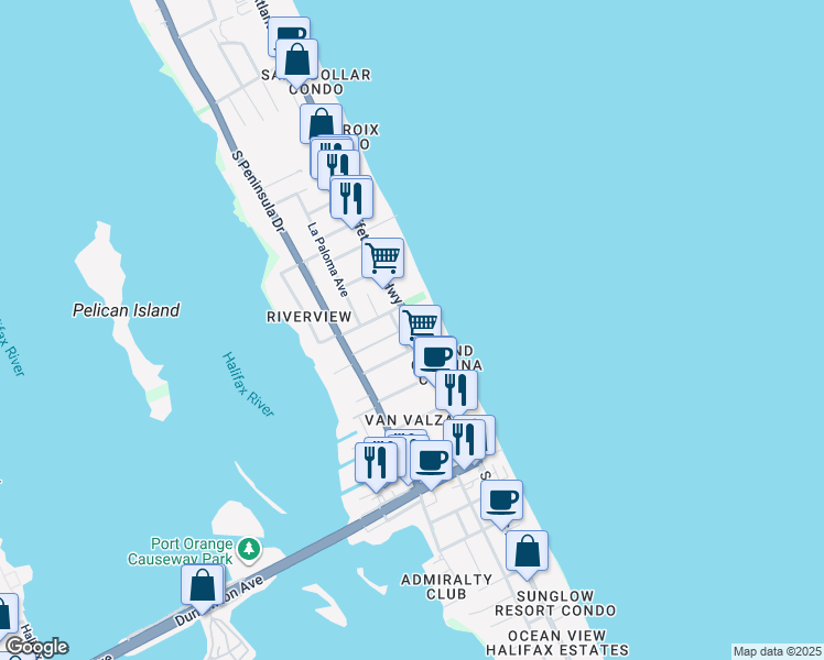 map of restaurants, bars, coffee shops, grocery stores, and more near 3308 South Atlantic Avenue in Daytona Beach Shores