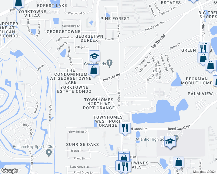 map of restaurants, bars, coffee shops, grocery stores, and more near 110 Dolphin Fleet Circle in Daytona Beach