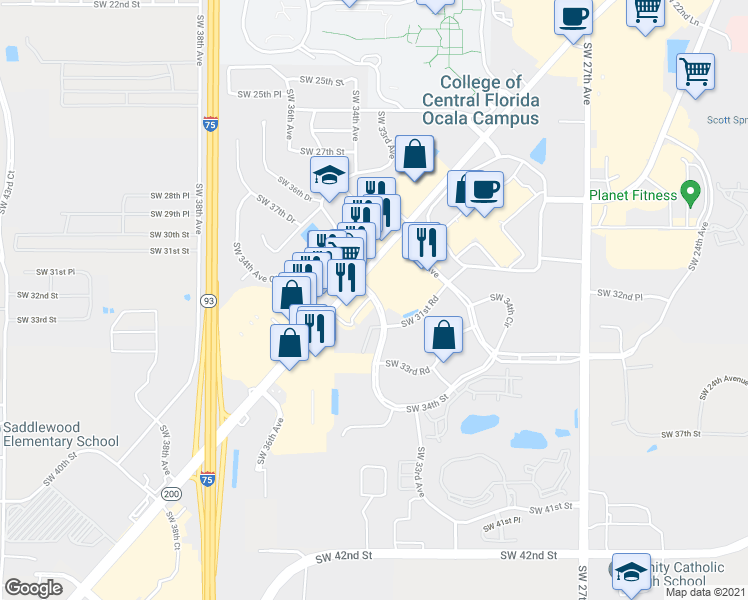 map of restaurants, bars, coffee shops, grocery stores, and more near 3240 SW 34th Ave in Ocala