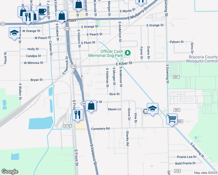 map of restaurants, bars, coffee shops, grocery stores, and more near 837 South Valderas Street in Angleton
