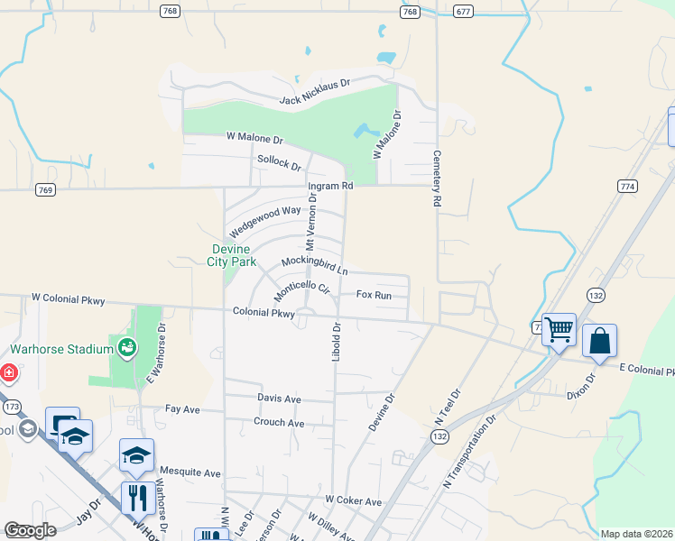 map of restaurants, bars, coffee shops, grocery stores, and more near 401 Mockingbird Lane in Devine