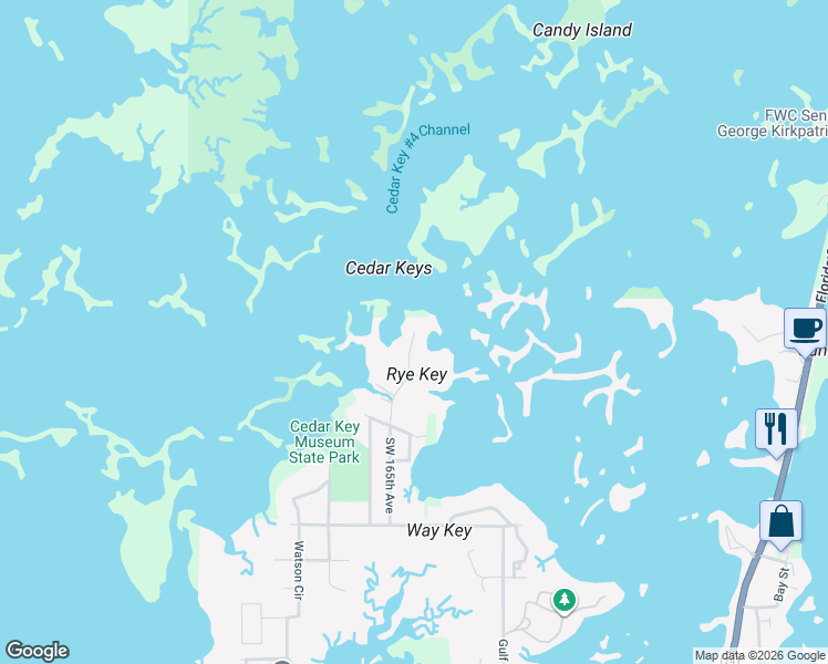 map of restaurants, bars, coffee shops, grocery stores, and more near 11700 Rye Key Drive in Cedar Key