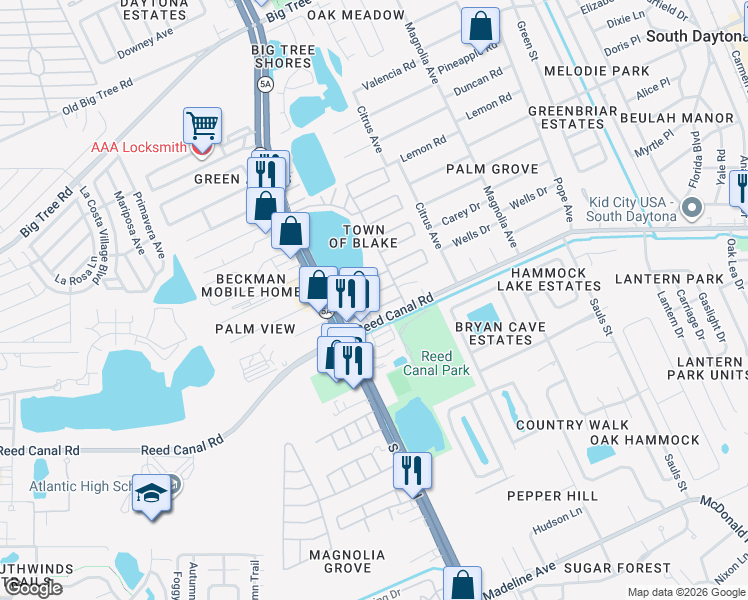 map of restaurants, bars, coffee shops, grocery stores, and more near 105 Apple in South Daytona