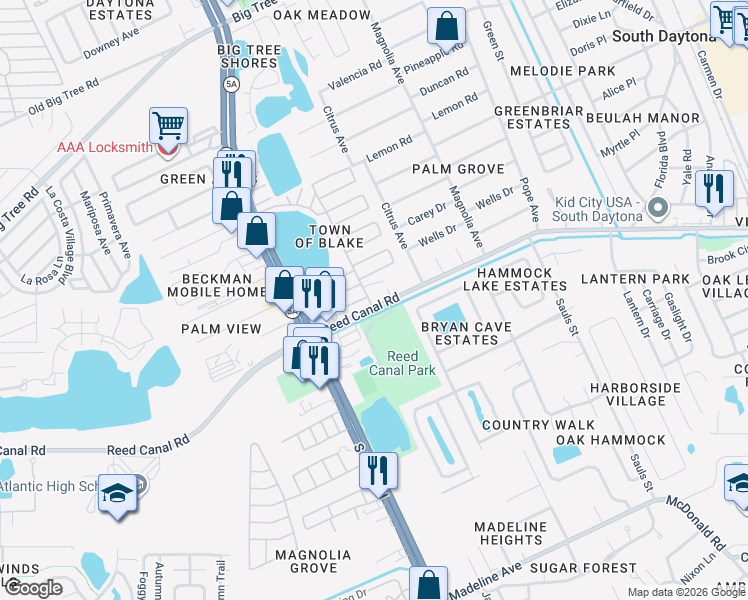 map of restaurants, bars, coffee shops, grocery stores, and more near 200 Lakeview Drive in South Daytona