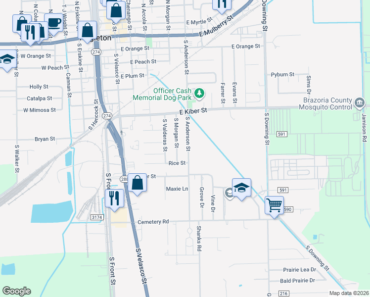 map of restaurants, bars, coffee shops, grocery stores, and more near 824 South Anderson Street in Angleton