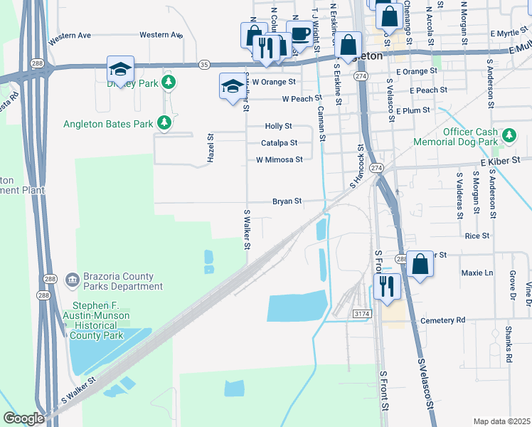 map of restaurants, bars, coffee shops, grocery stores, and more near 1012 Michelle Drive in Angleton