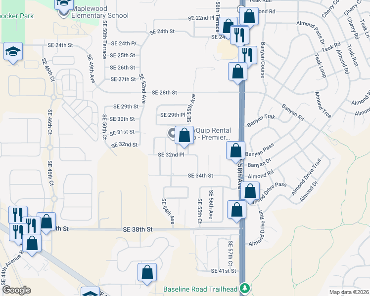 map of restaurants, bars, coffee shops, grocery stores, and more near 5450 Southeast 32nd Place in Ocala