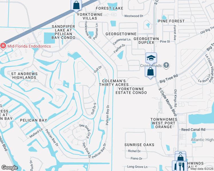 map of restaurants, bars, coffee shops, grocery stores, and more near 540 Pelican Bay Drive in Daytona Beach