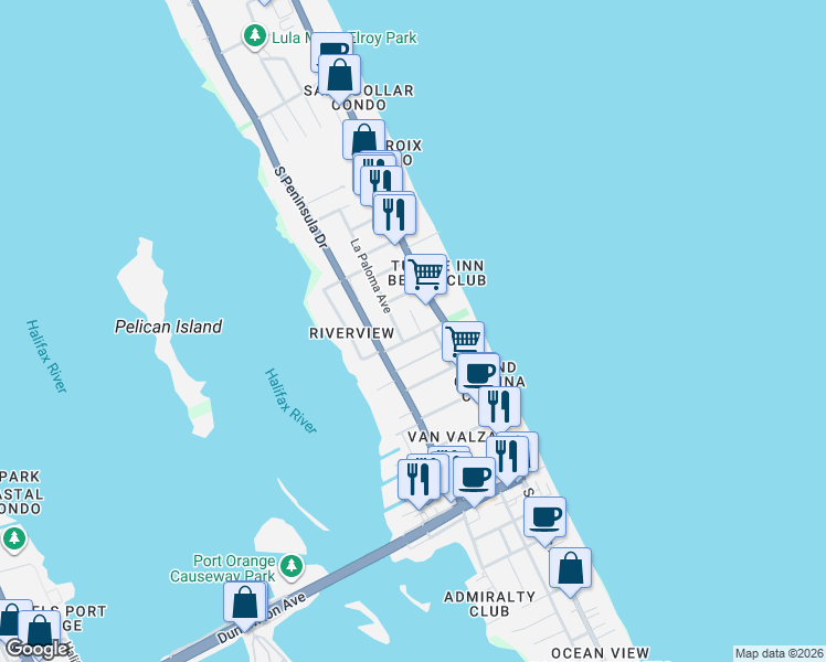 map of restaurants, bars, coffee shops, grocery stores, and more near 117 Dottie Avenue in Daytona Beach