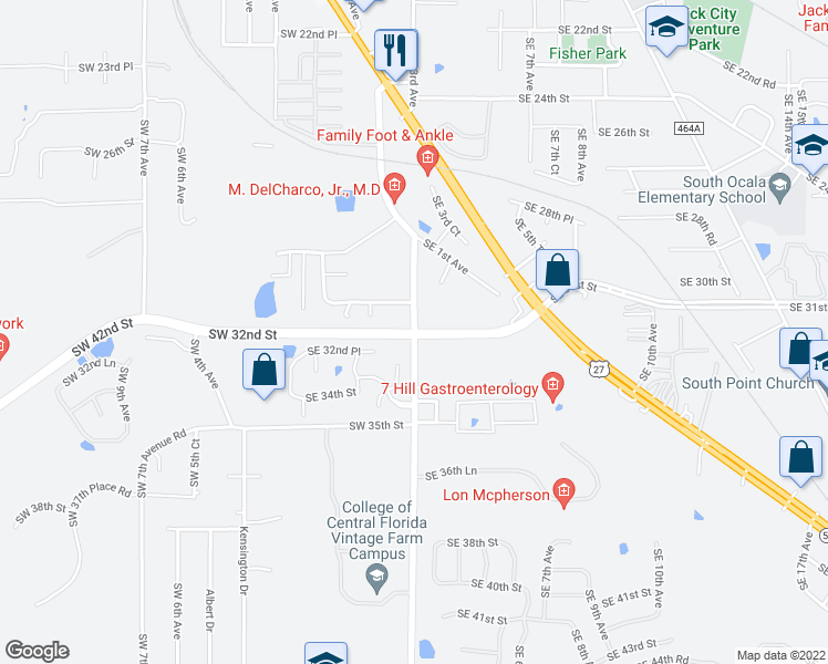 map of restaurants, bars, coffee shops, grocery stores, and more near SW 32nd St & SE 3rd Ave in Ocala