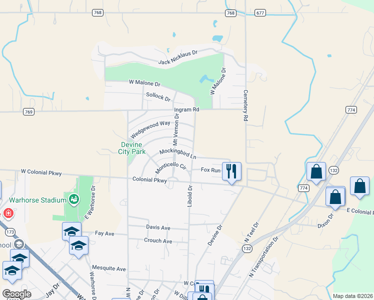 map of restaurants, bars, coffee shops, grocery stores, and more near 401 Mockingbird Lane in Devine