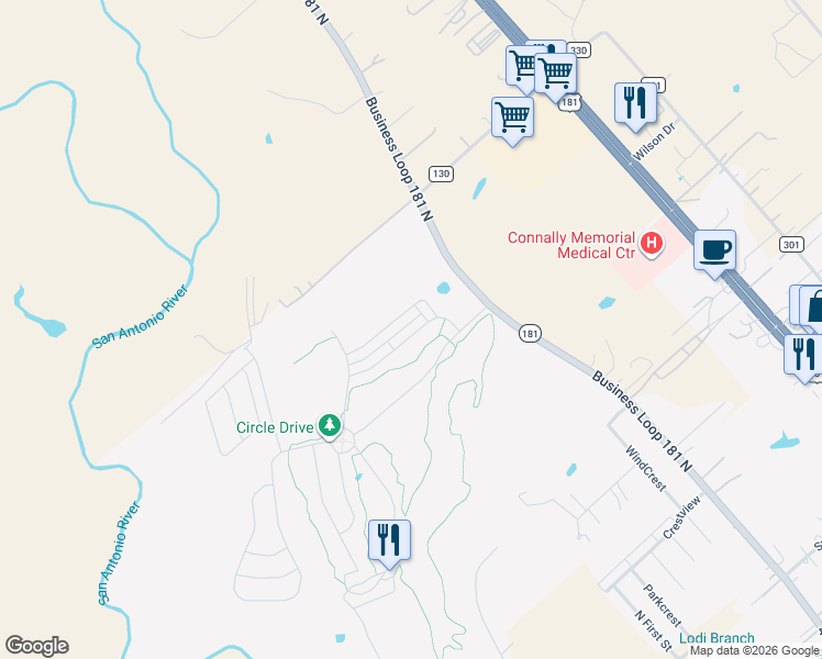 map of restaurants, bars, coffee shops, grocery stores, and more near 117 Lark Hill Road in Floresville