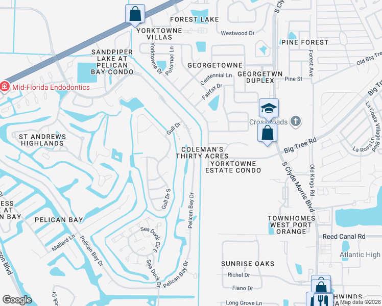 map of restaurants, bars, coffee shops, grocery stores, and more near 517 Pelican Bay Drive in Daytona Beach