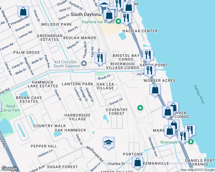 map of restaurants, bars, coffee shops, grocery stores, and more near 584 Brook Circle in South Daytona