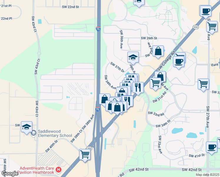 map of restaurants, bars, coffee shops, grocery stores, and more near 3408 Southwest 34th Avenue Circle in Ocala