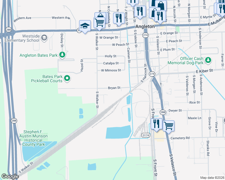 map of restaurants, bars, coffee shops, grocery stores, and more near 527 Bryan Street in Angleton