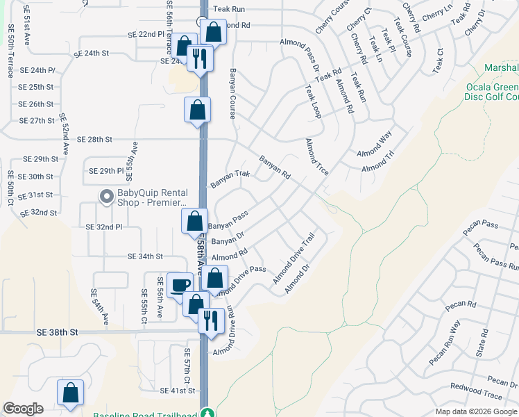 map of restaurants, bars, coffee shops, grocery stores, and more near 28 Banyan Pass in Ocala