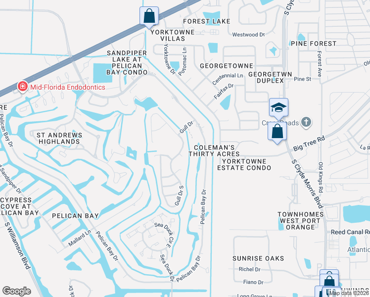 map of restaurants, bars, coffee shops, grocery stores, and more near 116 Gull Drive South in Daytona Beach