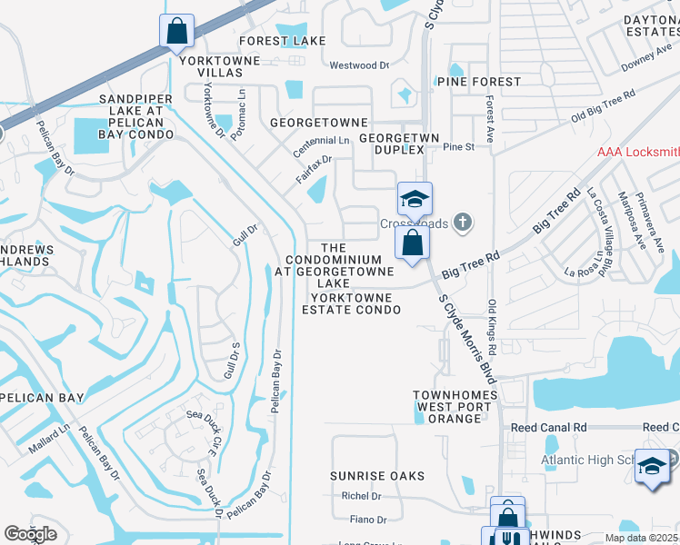 map of restaurants, bars, coffee shops, grocery stores, and more near 1600 Big Tree Road in Daytona Beach