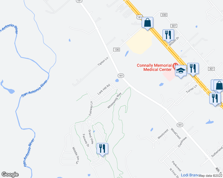 map of restaurants, bars, coffee shops, grocery stores, and more near 117 Lark Hill Road in Floresville