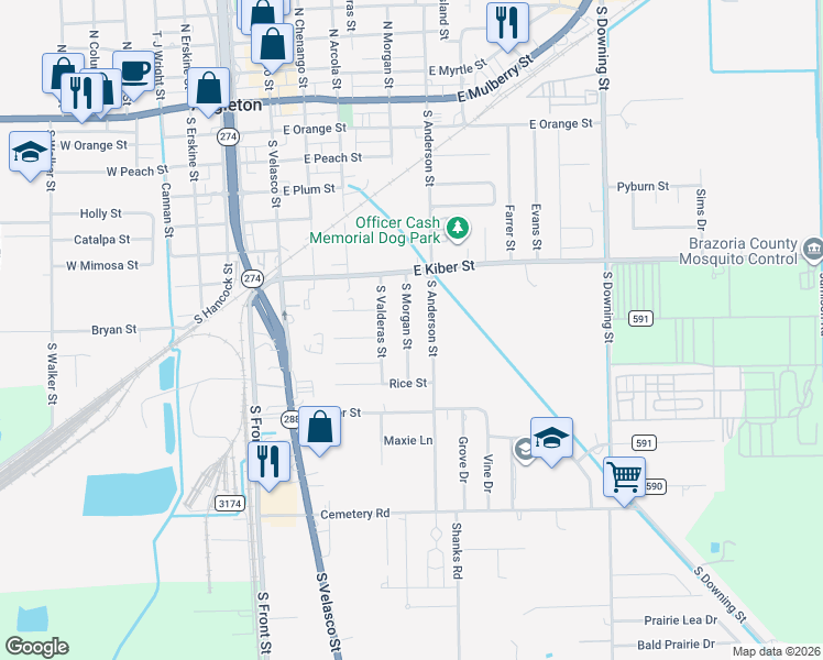 map of restaurants, bars, coffee shops, grocery stores, and more near 740 South Anderson Street in Angleton