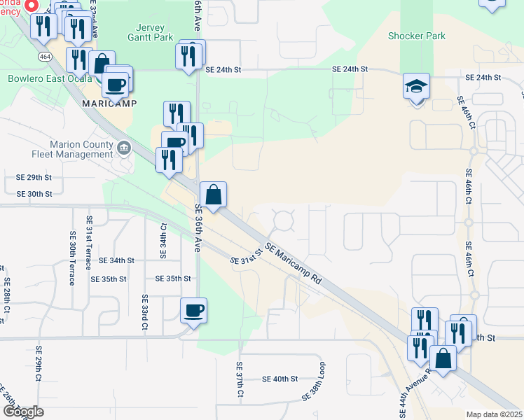 map of restaurants, bars, coffee shops, grocery stores, and more near 3831 Southeast Maricamp Road in Ocala