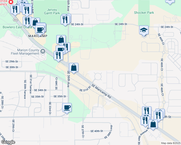 map of restaurants, bars, coffee shops, grocery stores, and more near 3831 Southeast Maricamp Road in Ocala