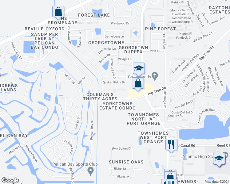 map of restaurants, bars, coffee shops, grocery stores, and more near 1600 Big Tree Road in South Daytona