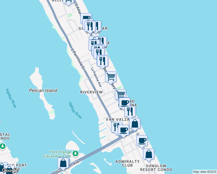 map of restaurants, bars, coffee shops, grocery stores, and more near 3253 Esperanza Avenue in Daytona Beach