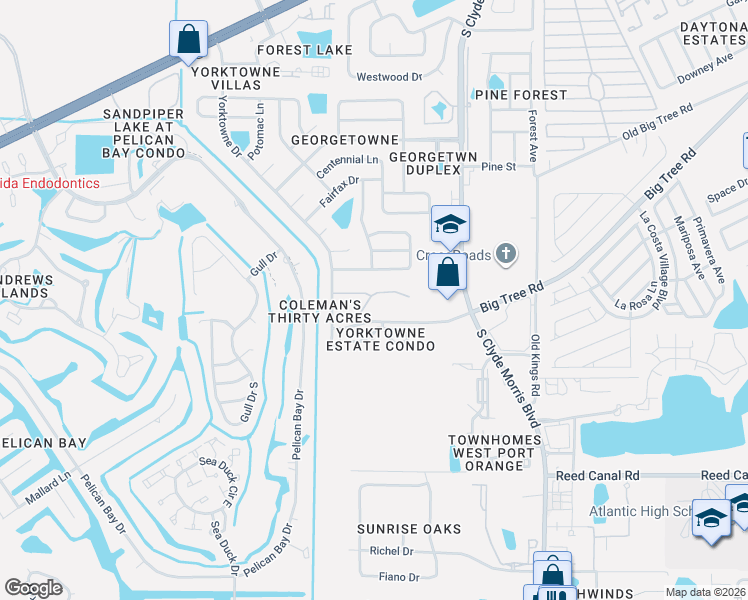 map of restaurants, bars, coffee shops, grocery stores, and more near 1600 Big Tree Road in South Daytona