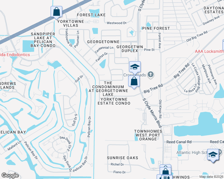 map of restaurants, bars, coffee shops, grocery stores, and more near 1600 Big Tree Road in South Daytona