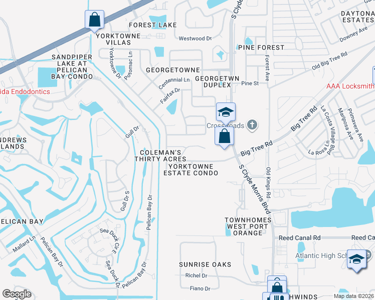 map of restaurants, bars, coffee shops, grocery stores, and more near 1600 Big Tree Road in South Daytona
