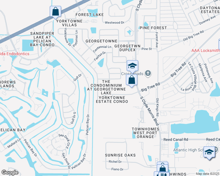 map of restaurants, bars, coffee shops, grocery stores, and more near 1600 Big Tree Road in South Daytona
