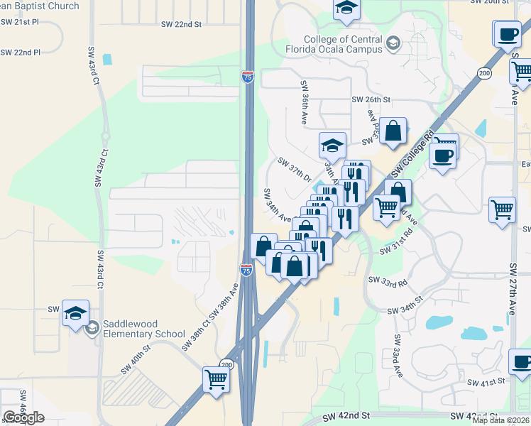 map of restaurants, bars, coffee shops, grocery stores, and more near 3408 Southwest 34th Avenue Circle in Ocala