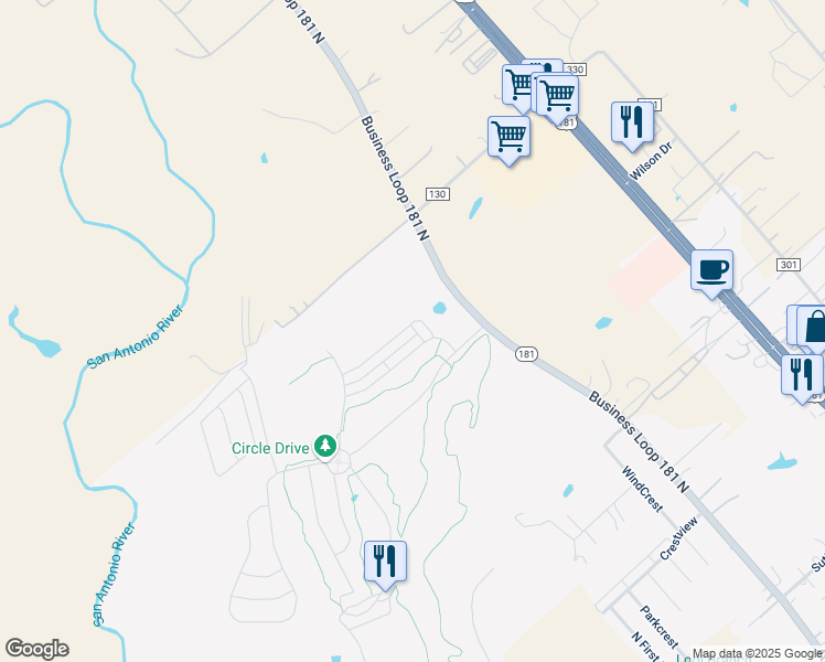 map of restaurants, bars, coffee shops, grocery stores, and more near 117 Lark Hill Road in Floresville