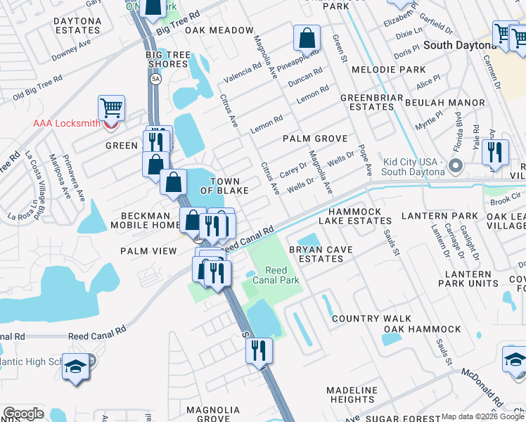 map of restaurants, bars, coffee shops, grocery stores, and more near 210 Daisy in South Daytona