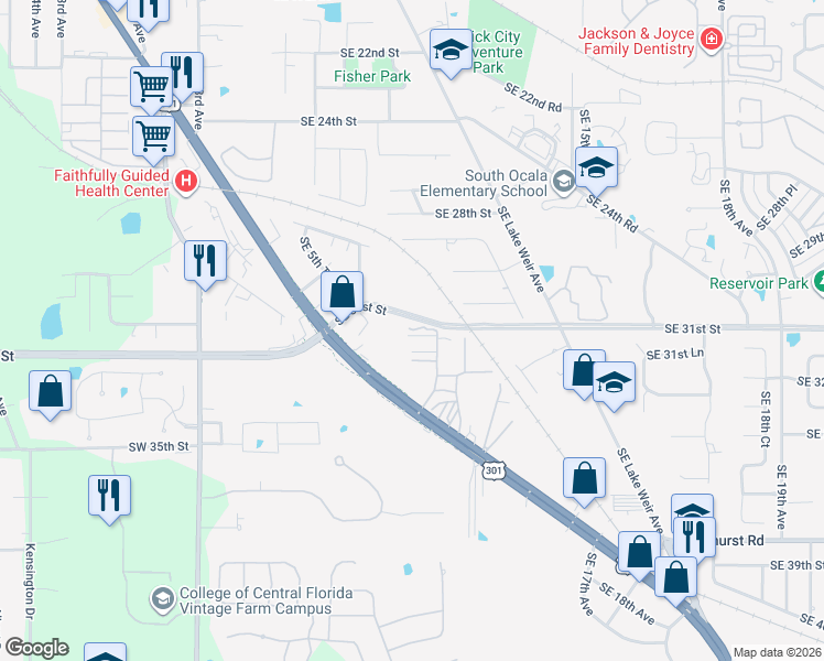 map of restaurants, bars, coffee shops, grocery stores, and more near 3120 Southeast 10th Avenue in Ocala
