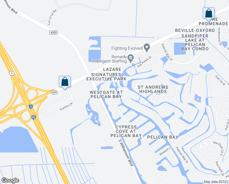 map of restaurants, bars, coffee shops, grocery stores, and more near 109 Surfbird Court in Daytona Beach