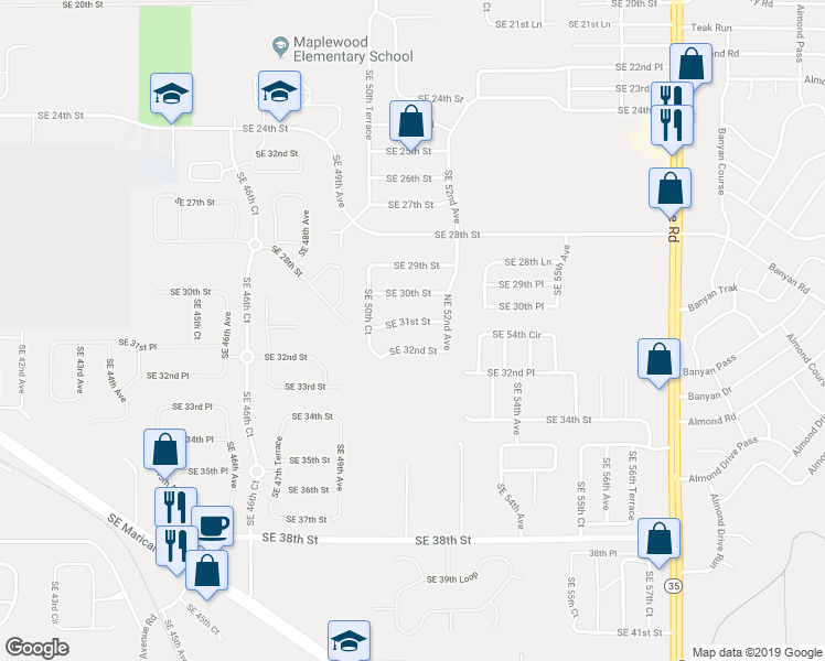 map of restaurants, bars, coffee shops, grocery stores, and more near 5200 Southeast 31st Street in Ocala