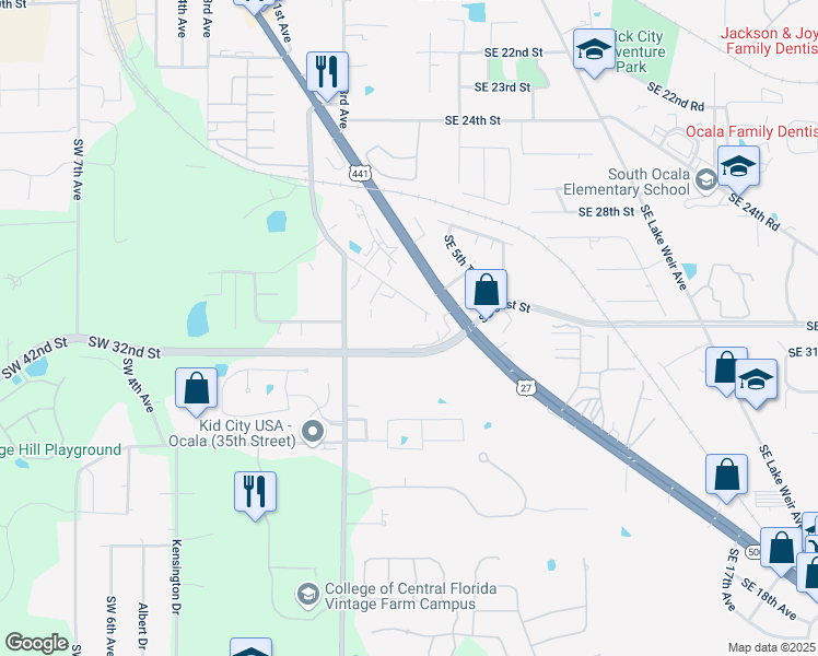 map of restaurants, bars, coffee shops, grocery stores, and more near 3140 Southeast 1st Avenue in Ocala