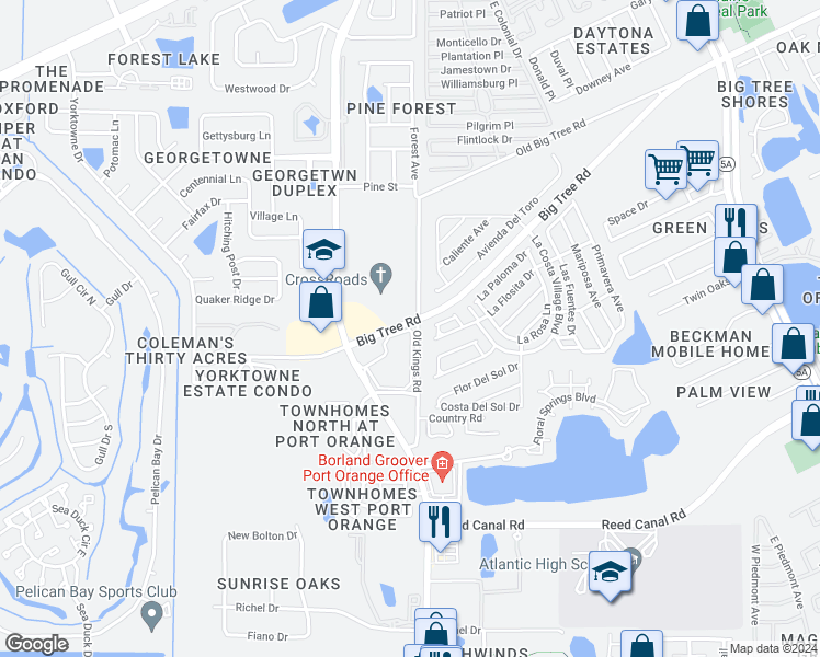 map of restaurants, bars, coffee shops, grocery stores, and more near 125 Big Tree Road in Daytona Beach